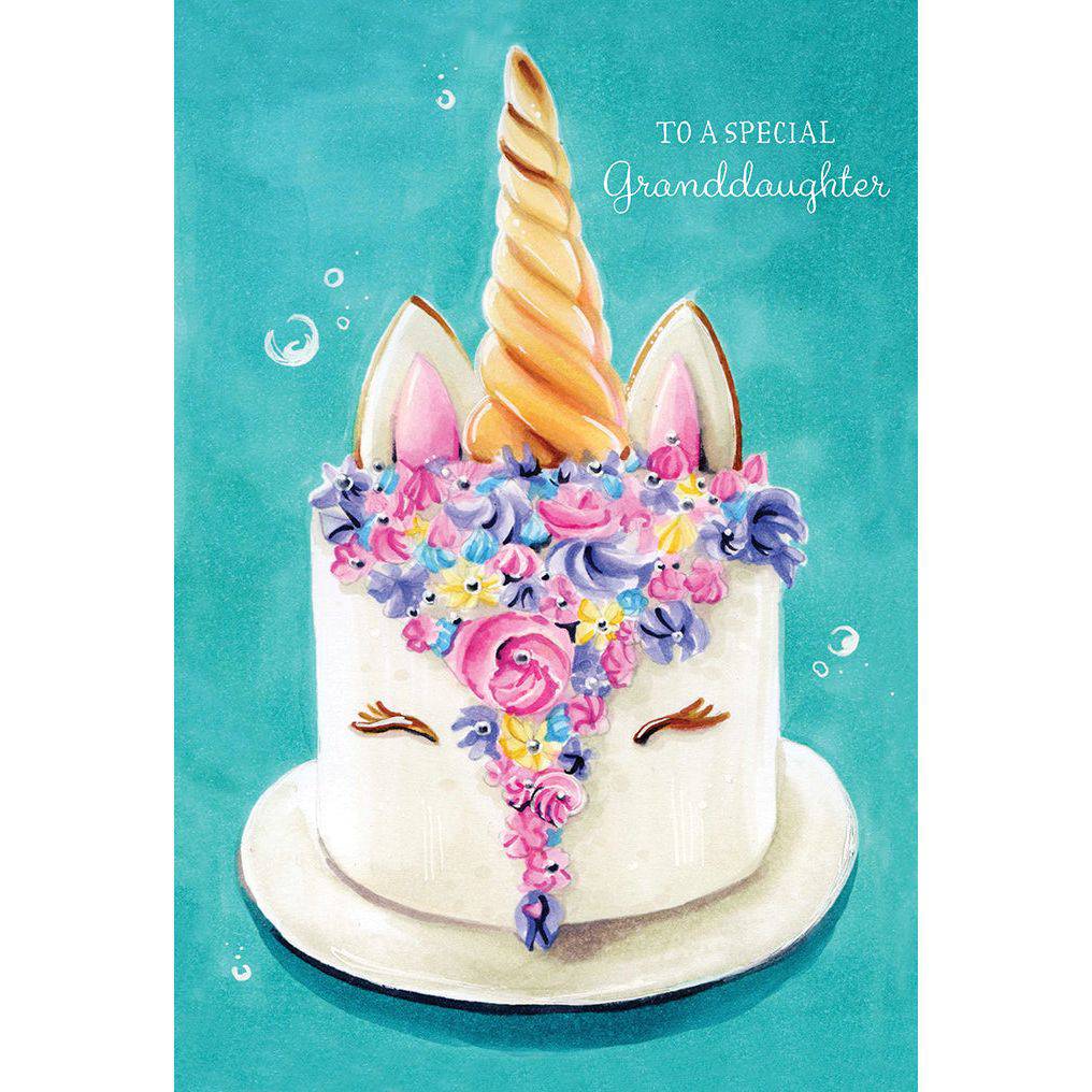 Colorful unicorn birthday card for granddaughter by Pictura, featuring whimsical unicorn and birthday message on a cheerful background.